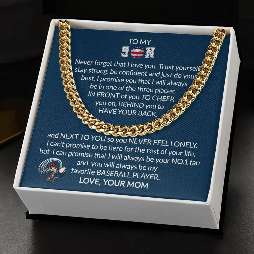 Gift To My Baseball Son - Biggest Fan - Cuban Link Chain With Message Card - Gift For Birthday, Christmas, Special Occasion From Mom