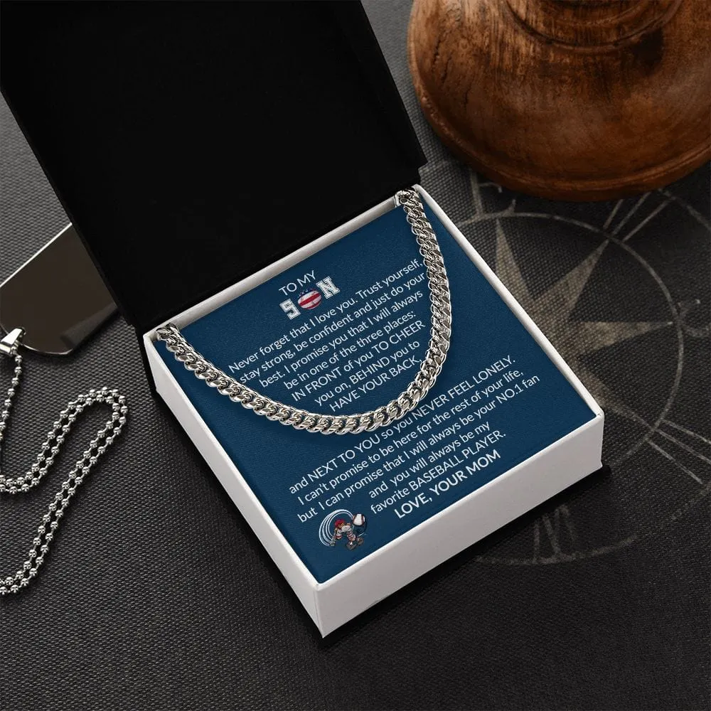 Gift To My Baseball Son - Biggest Fan - Cuban Link Chain With Message Card - Gift For Birthday, Christmas, Special Occasion From Mom