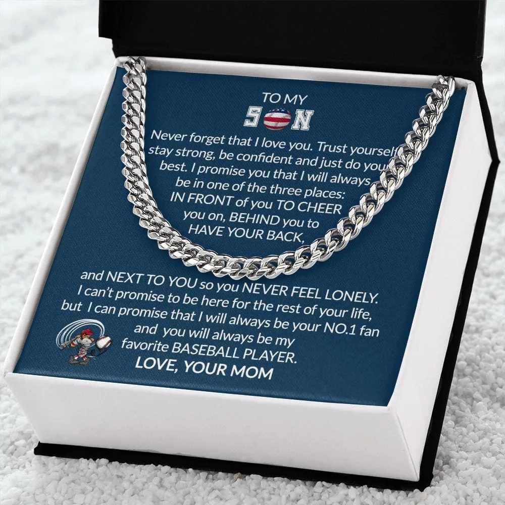 Gift To My Baseball Son - Biggest Fan - Cuban Link Chain With Message Card - Gift For Birthday, Christmas, Special Occasion From Mom