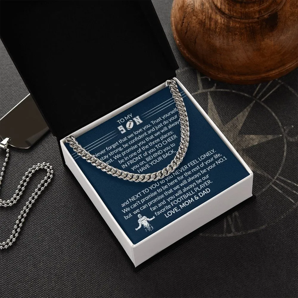 Gift To My Football Son - Biggest Fan - Cuban Link Chain With Message Card - Gift For Birthday, Christmas, Special Occasion From Mom, Dad