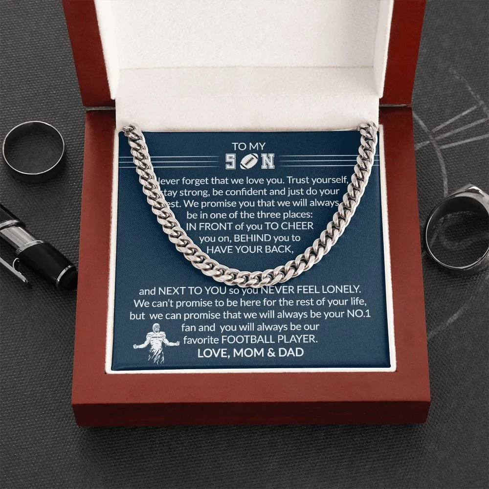 Gift To My Football Son - Biggest Fan - Cuban Link Chain With Message Card - Gift For Birthday, Christmas, Special Occasion From Mom, Dad