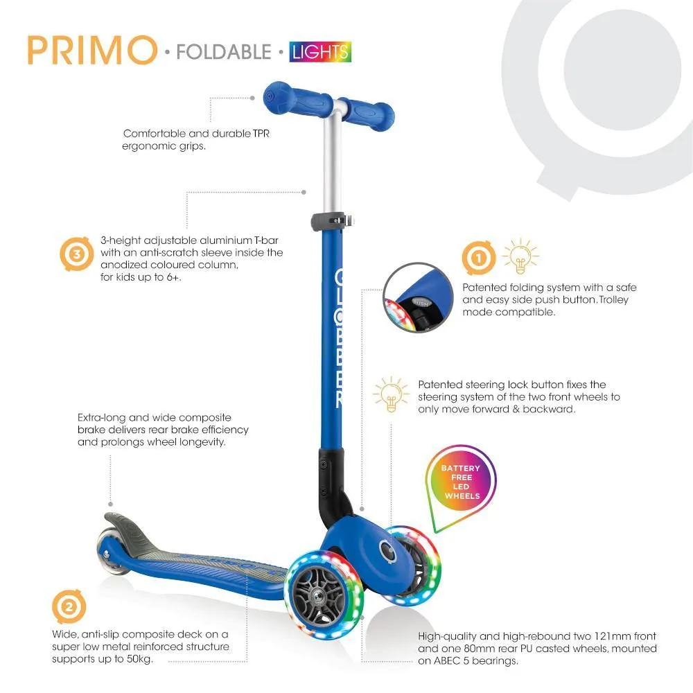 Globber Primo Foldable Lights 3-Wheels Kids Scooter - Navy Blue