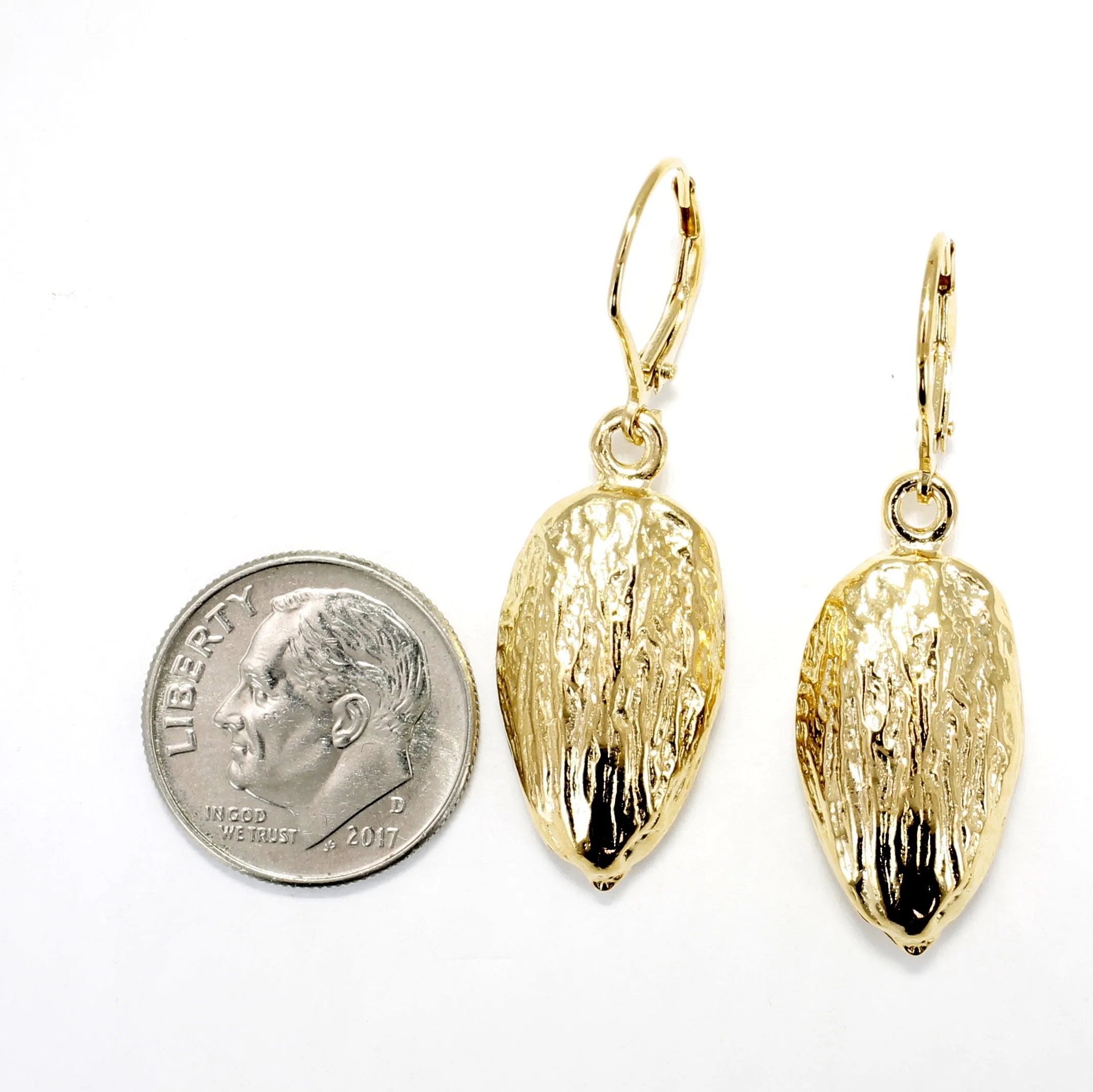 Gold Almond Earrings in Actual Size 14kt Gold Vermeil Almonds Dangling on Lever Backs