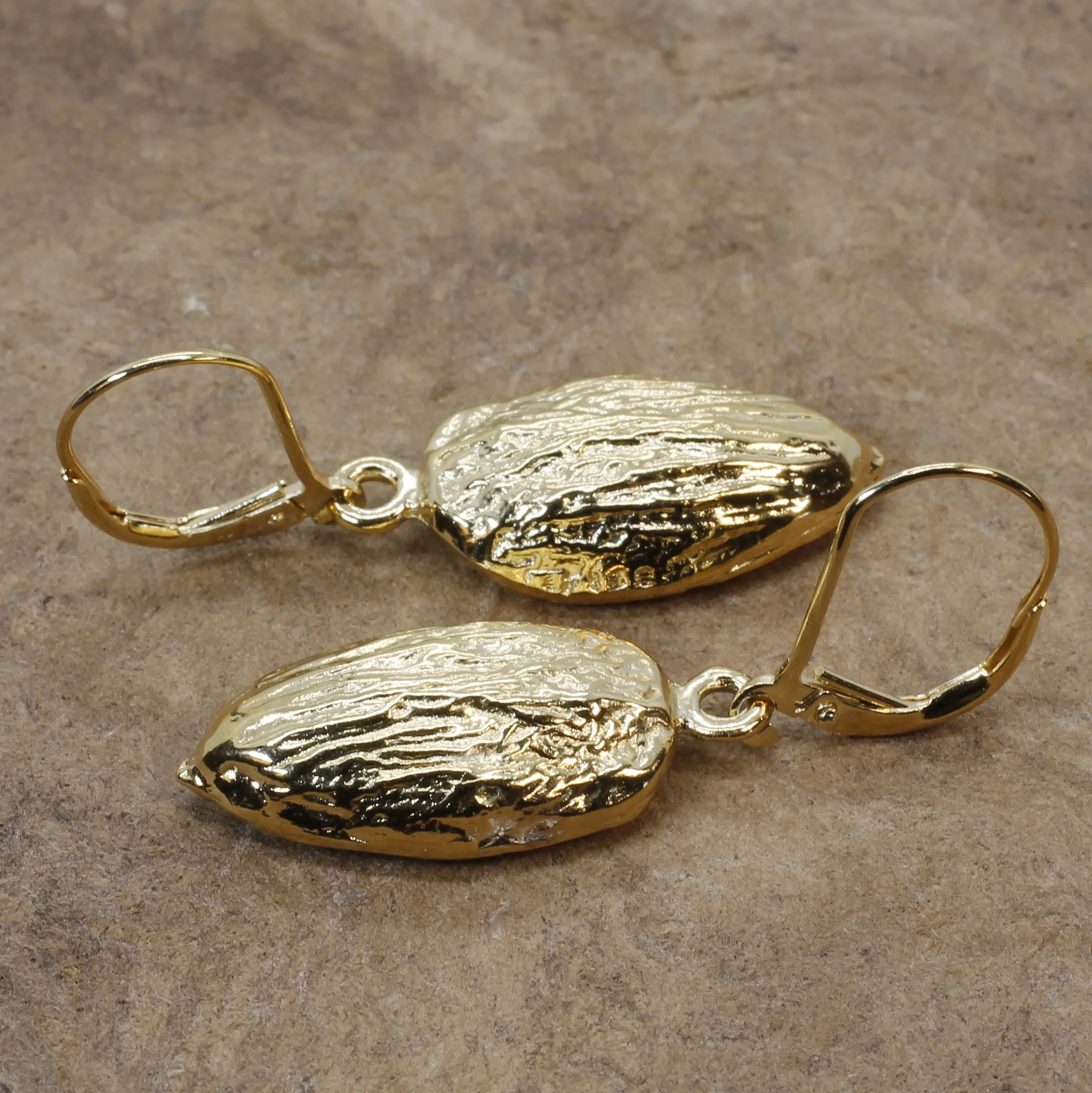 Gold Almond Earrings in Actual Size 14kt Gold Vermeil Almonds Dangling on Lever Backs