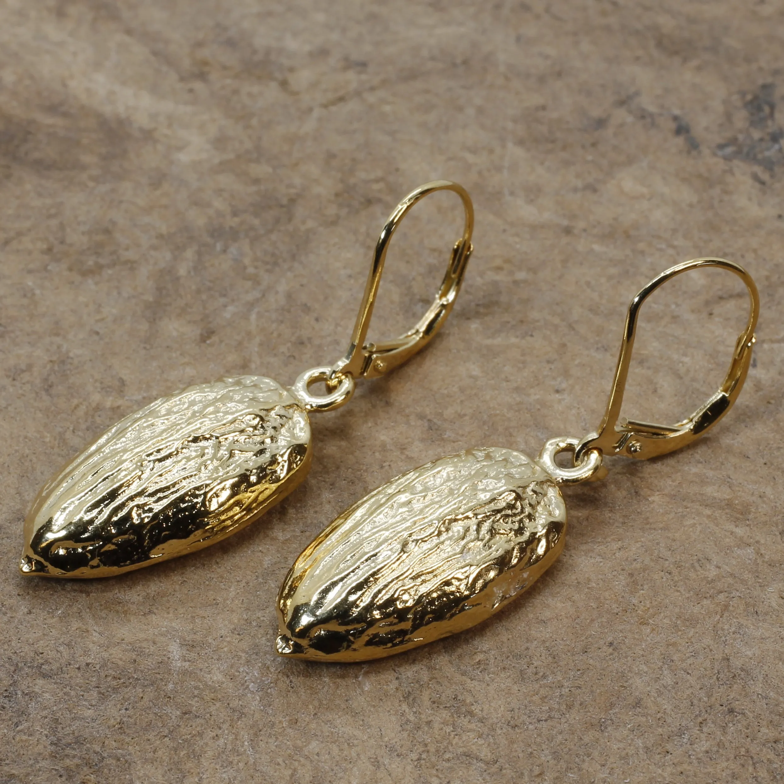Gold Almond Earrings in Actual Size 14kt Gold Vermeil Almonds Dangling on Lever Backs