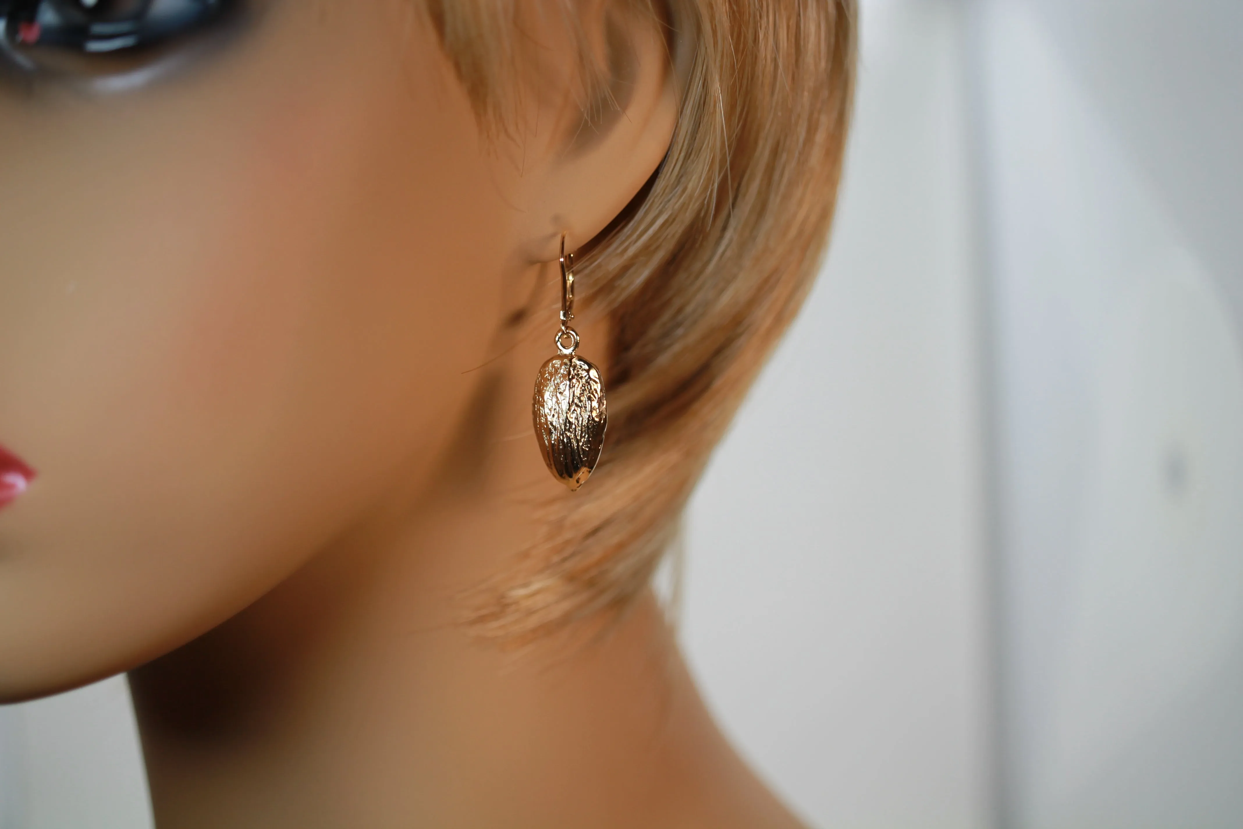 Gold Almond Earrings in Actual Size 14kt Gold Vermeil Almonds Dangling on Lever Backs