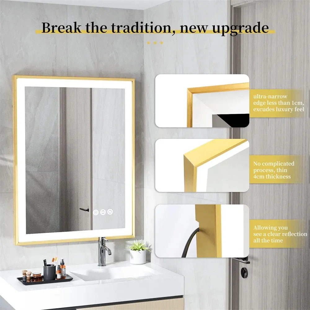 Gold Frame LED Bathroom Mirror with Dimmable Lights and Anti-Fog