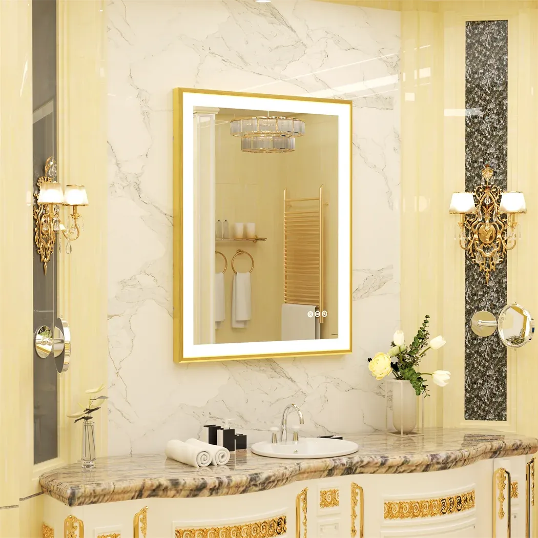 Gold Frame LED Bathroom Mirror with Dimmable Lights and Anti-Fog