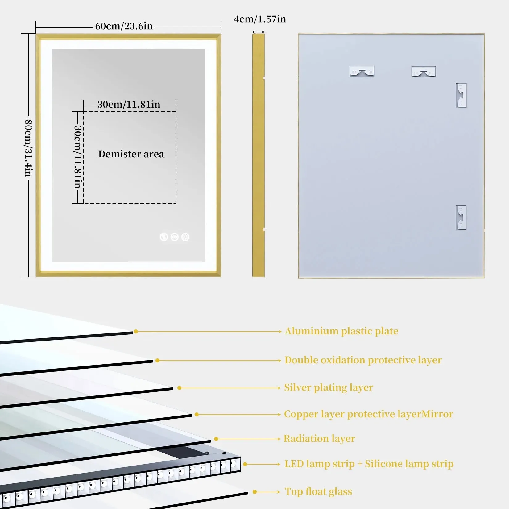 Gold Frame LED Bathroom Mirror with Dimmable Lights and Anti-Fog