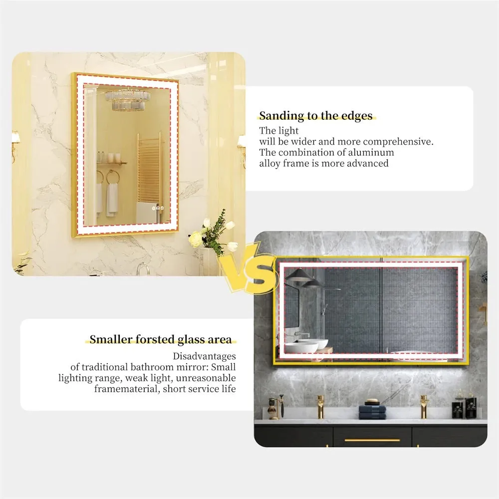Gold Frame LED Bathroom Mirror with Dimmable Lights and Anti-Fog