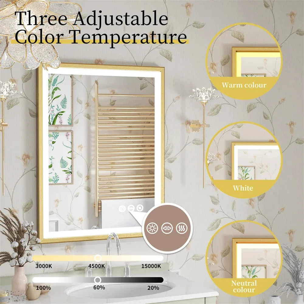 Gold Frame LED Bathroom Mirror with Dimmable Lights and Anti-Fog
