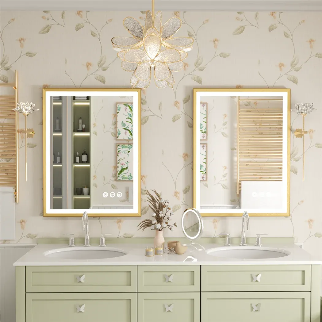 Gold Frame LED Bathroom Mirror with Dimmable Lights and Anti-Fog