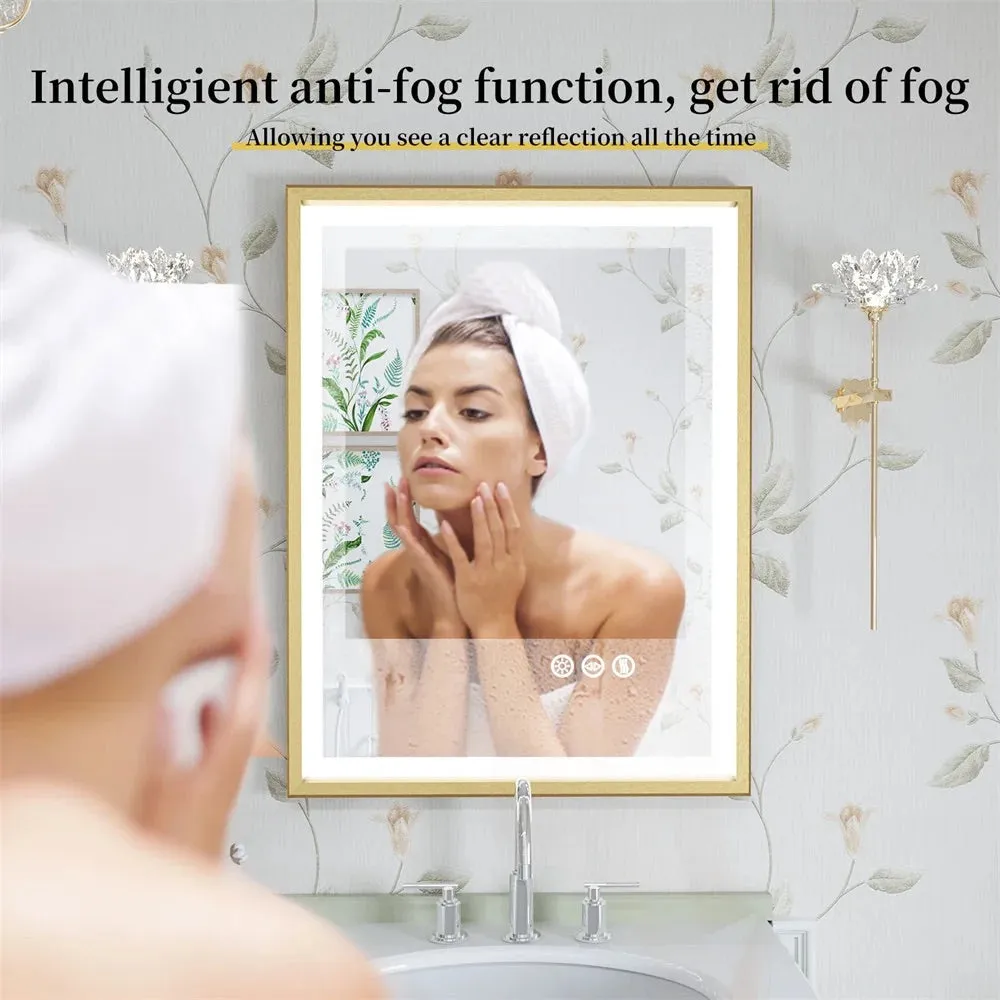 Gold Frame LED Bathroom Mirror with Dimmable Lights and Anti-Fog