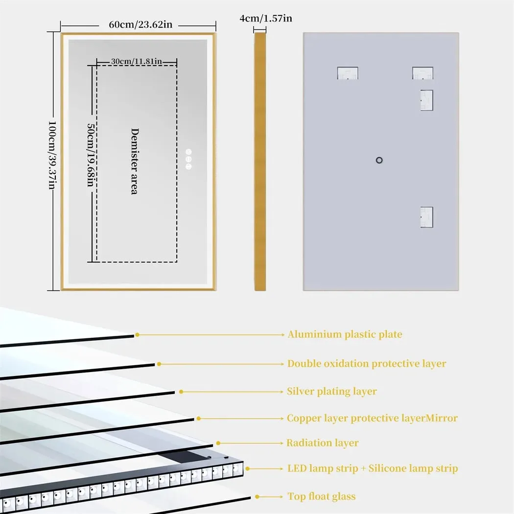 Gold Frame LED Bathroom Mirror with Dimmable Lights and Anti-Fog