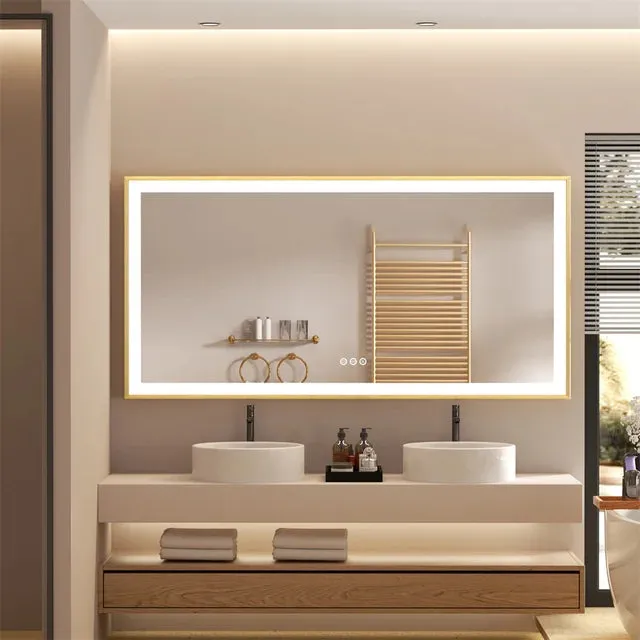 Gold Frame LED Bathroom Mirror with Dimmable Lights and Anti-Fog
