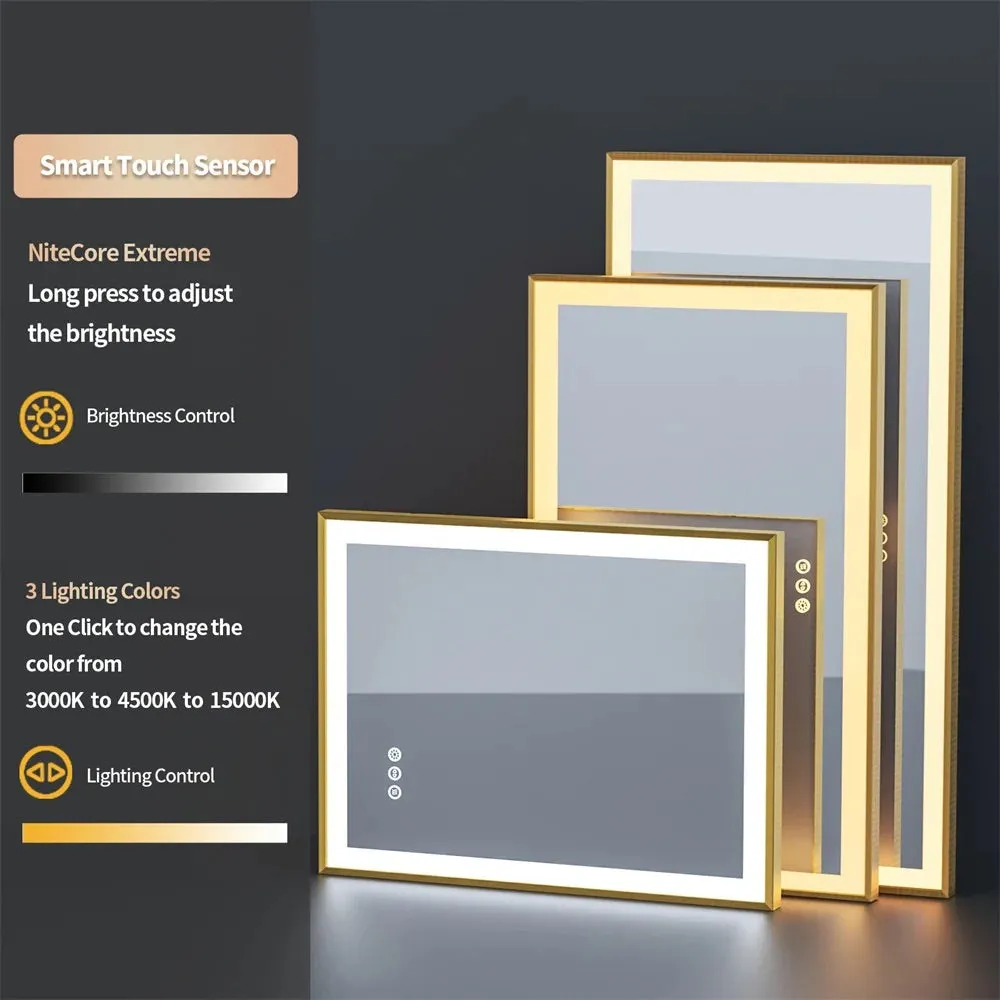 Gold Frame LED Bathroom Mirror with Dimmable Lights and Anti-Fog