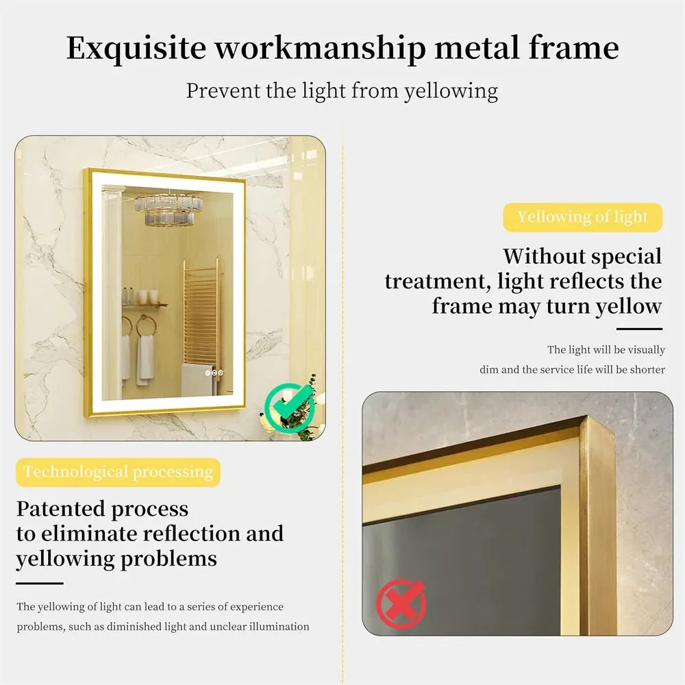 Gold Frame LED Bathroom Mirror with Dimmable Lights and Anti-Fog