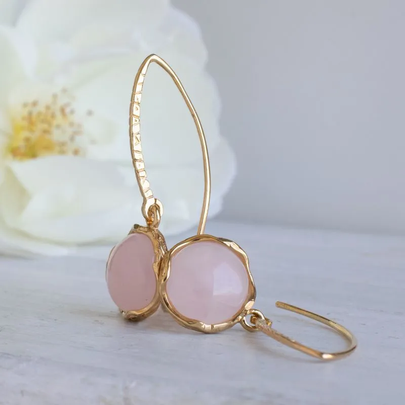 Gold Plated Round Rose Quartz 12mm Dangle Earrings