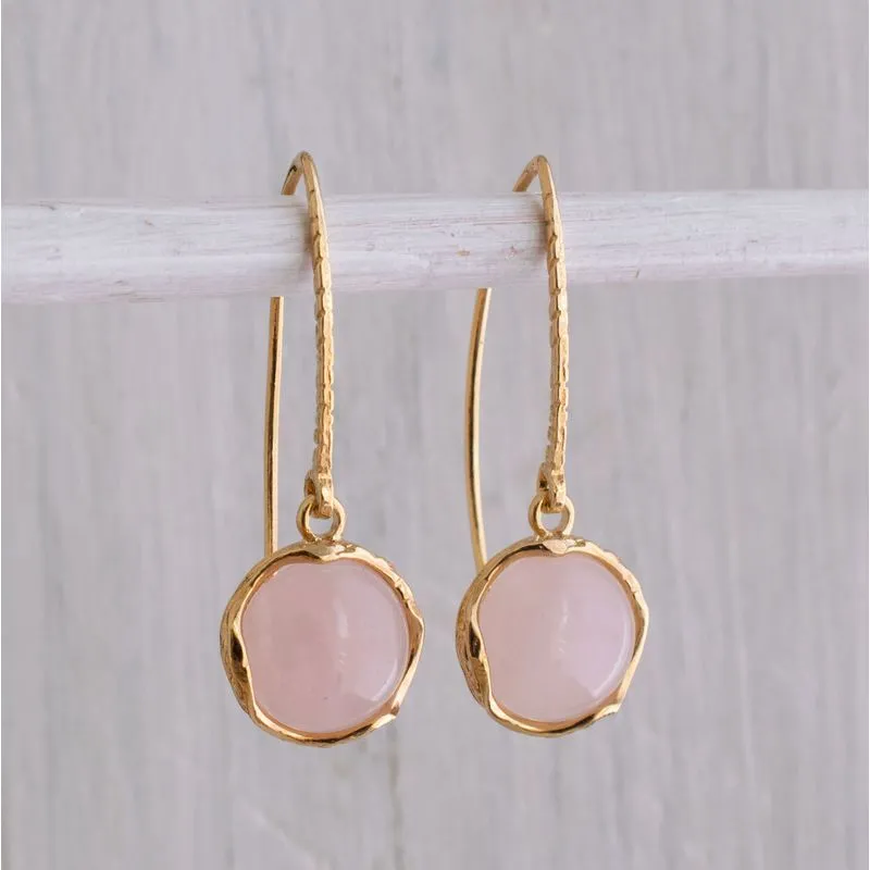 Gold Plated Round Rose Quartz 12mm Dangle Earrings