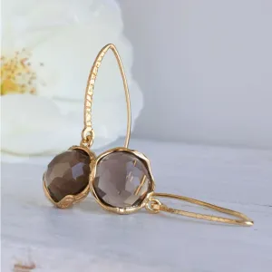Gold Plated Round Smoky Quartz 12mm Dangle Earrings