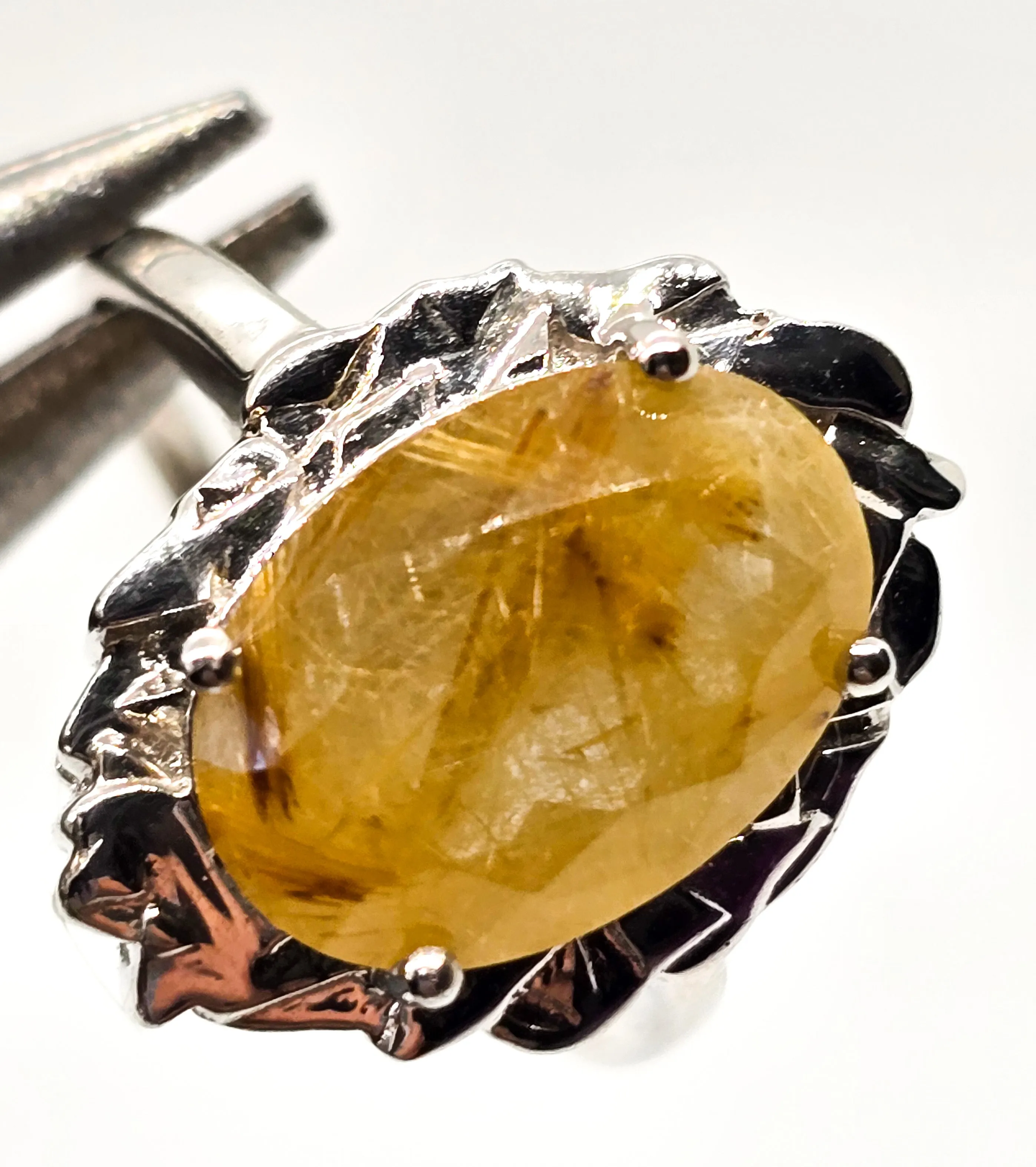 Golden rutilated quartz rhodium plated sterling silver JAHDO ring size 10
