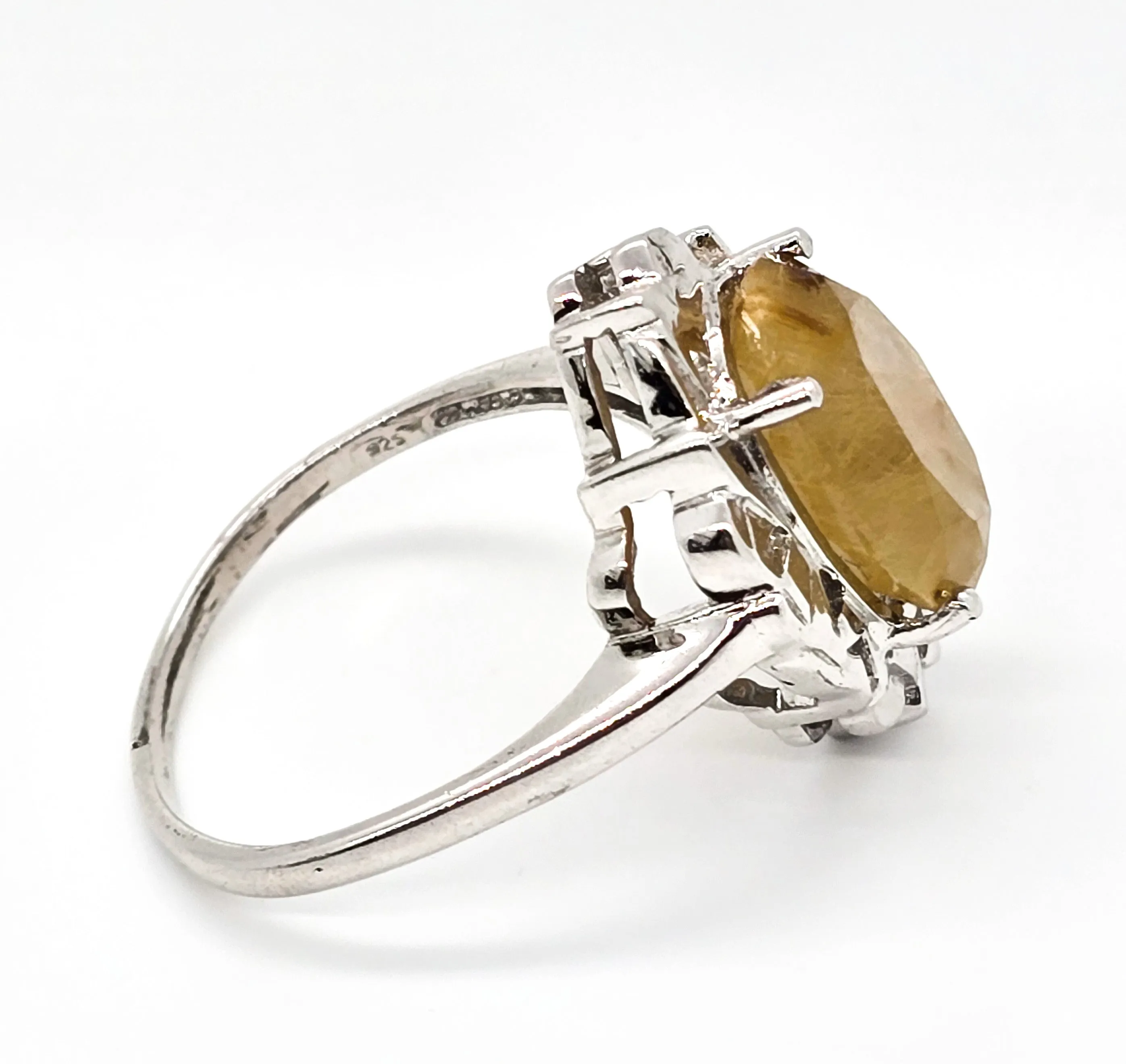 Golden rutilated quartz rhodium plated sterling silver JAHDO ring size 10