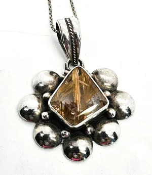 Golden Rutilated quartz vintage sterling silver artisan pendant necklace