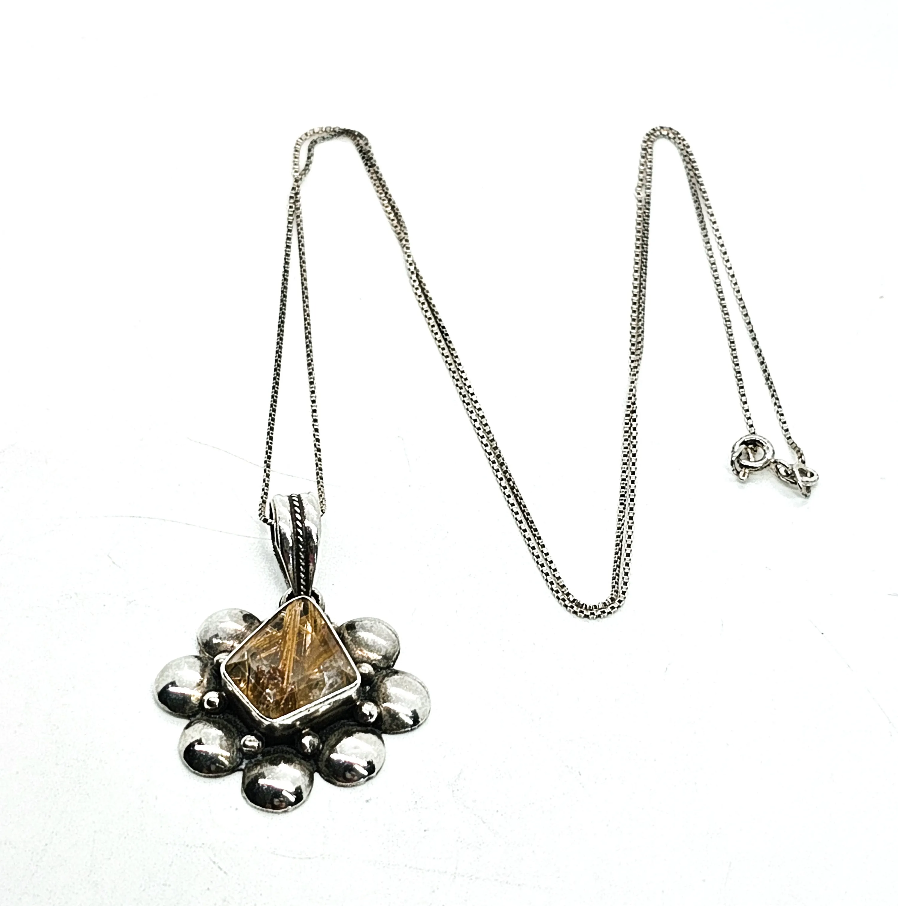 Golden Rutilated quartz vintage sterling silver artisan pendant necklace