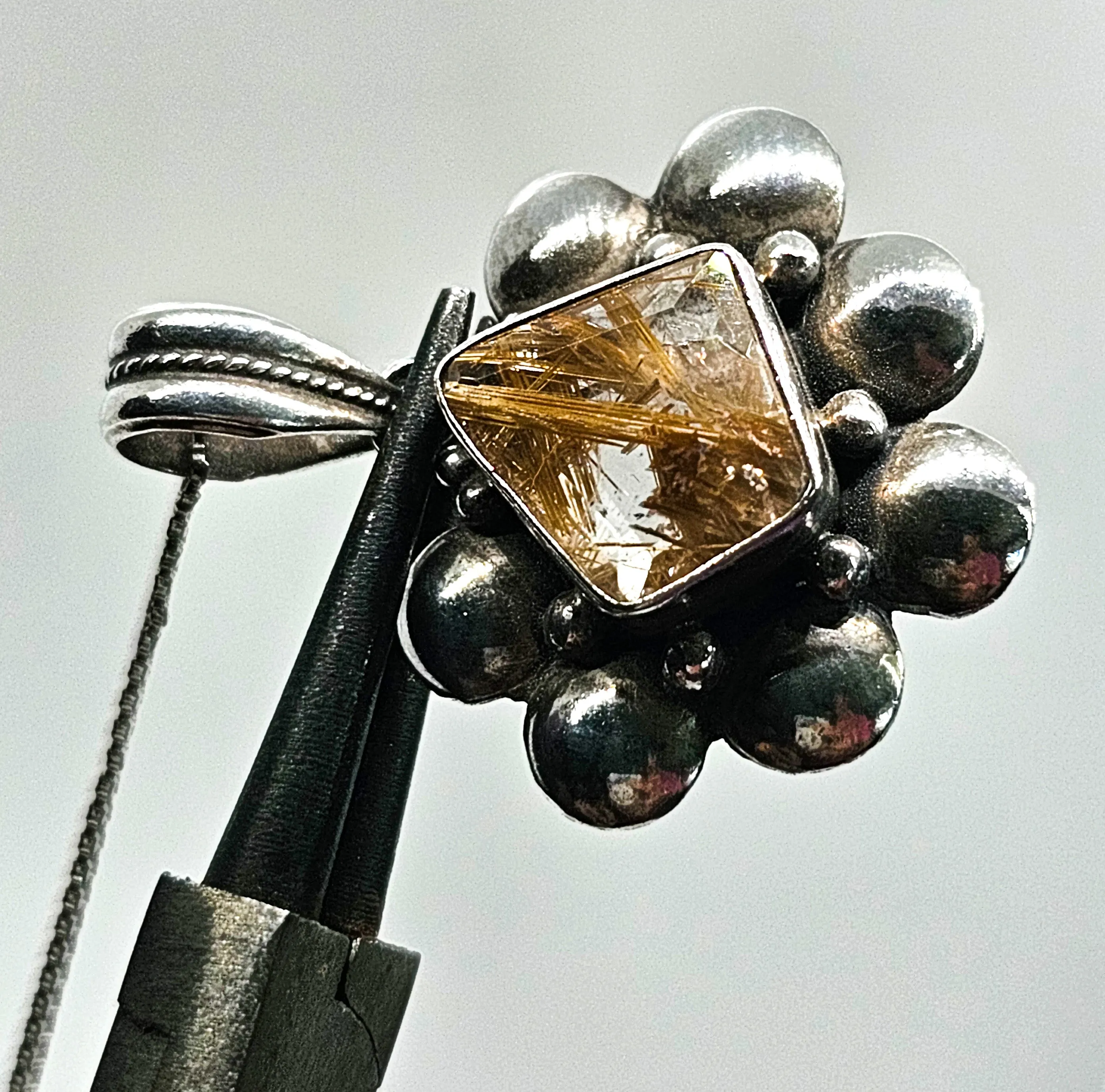 Golden Rutilated quartz vintage sterling silver artisan pendant necklace