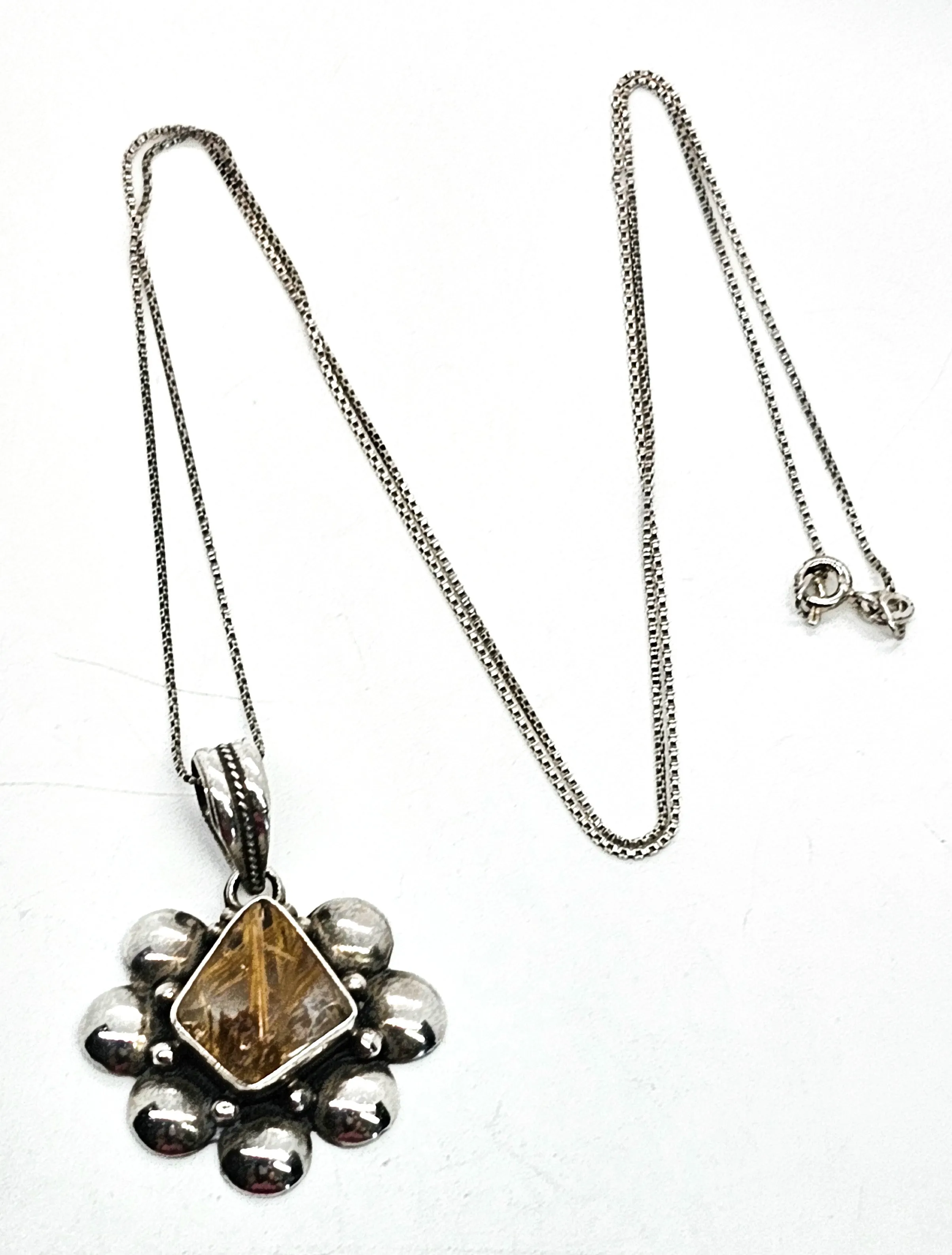 Golden Rutilated quartz vintage sterling silver artisan pendant necklace