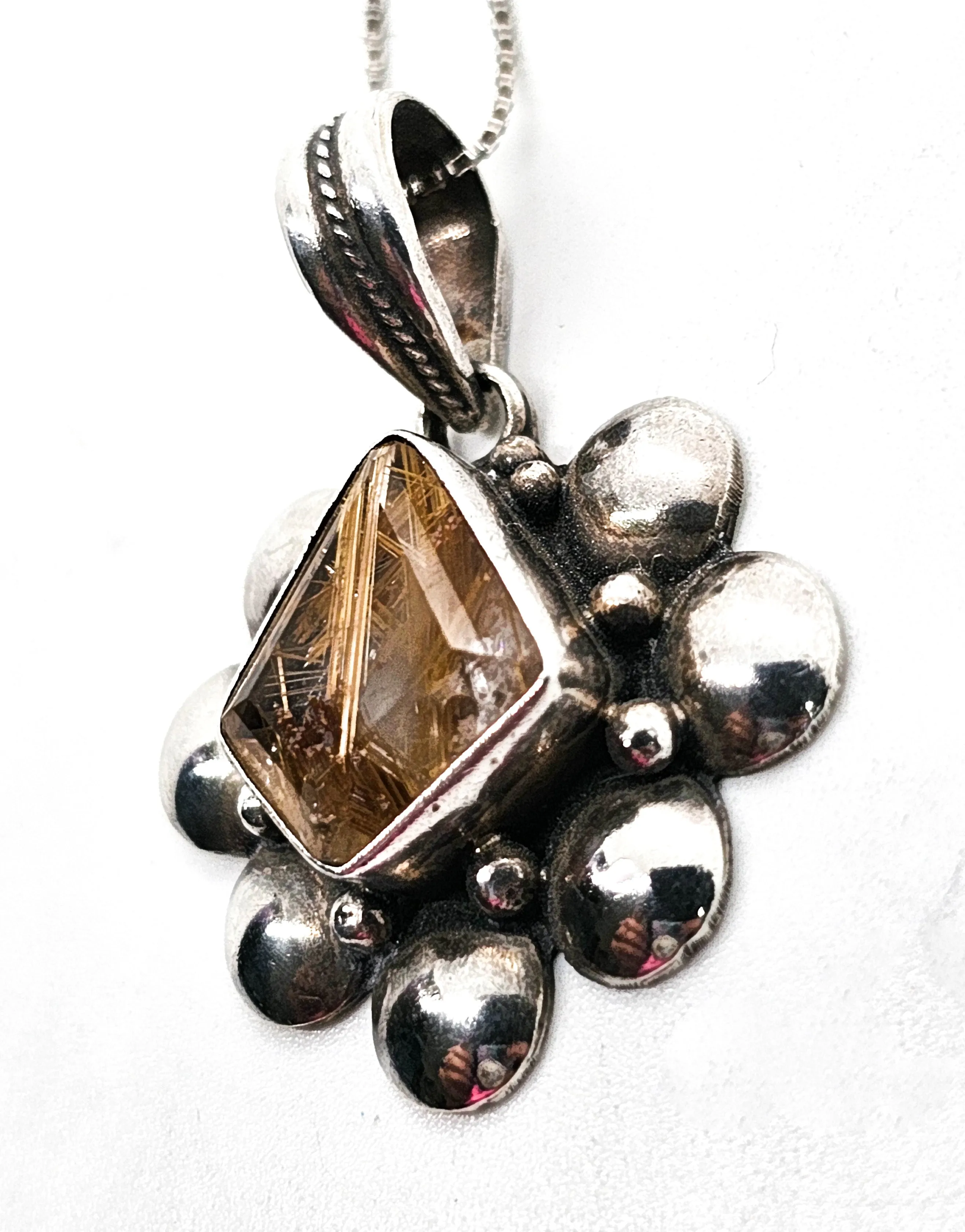 Golden Rutilated quartz vintage sterling silver artisan pendant necklace
