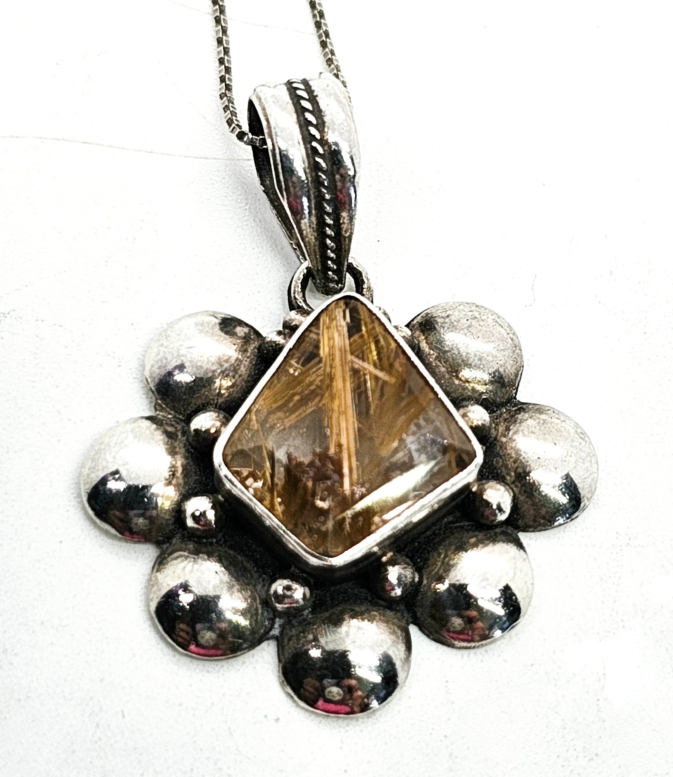 Golden Rutilated quartz vintage sterling silver artisan pendant necklace