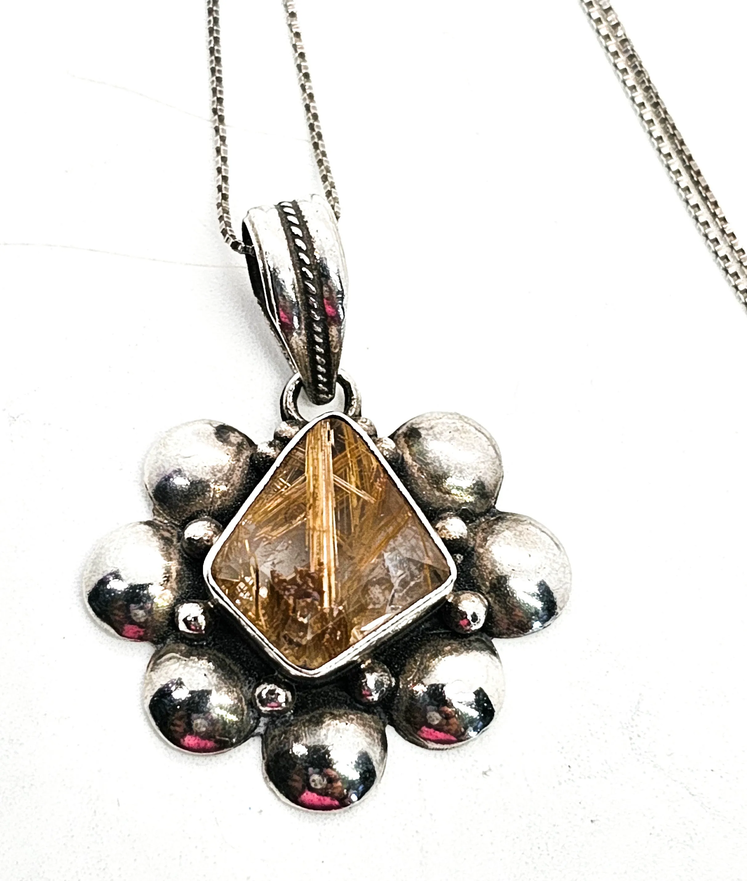 Golden Rutilated quartz vintage sterling silver artisan pendant necklace