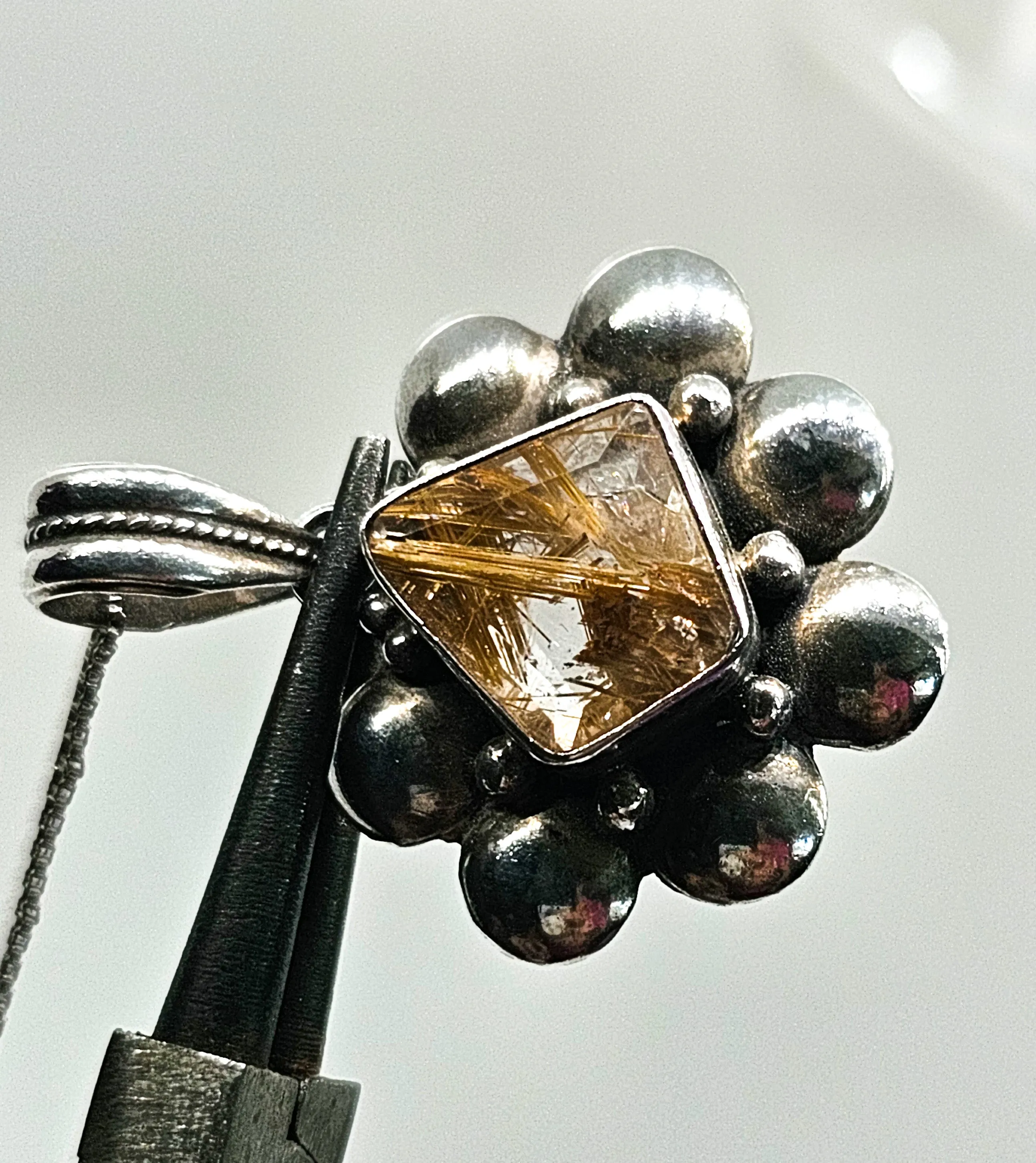Golden Rutilated quartz vintage sterling silver artisan pendant necklace