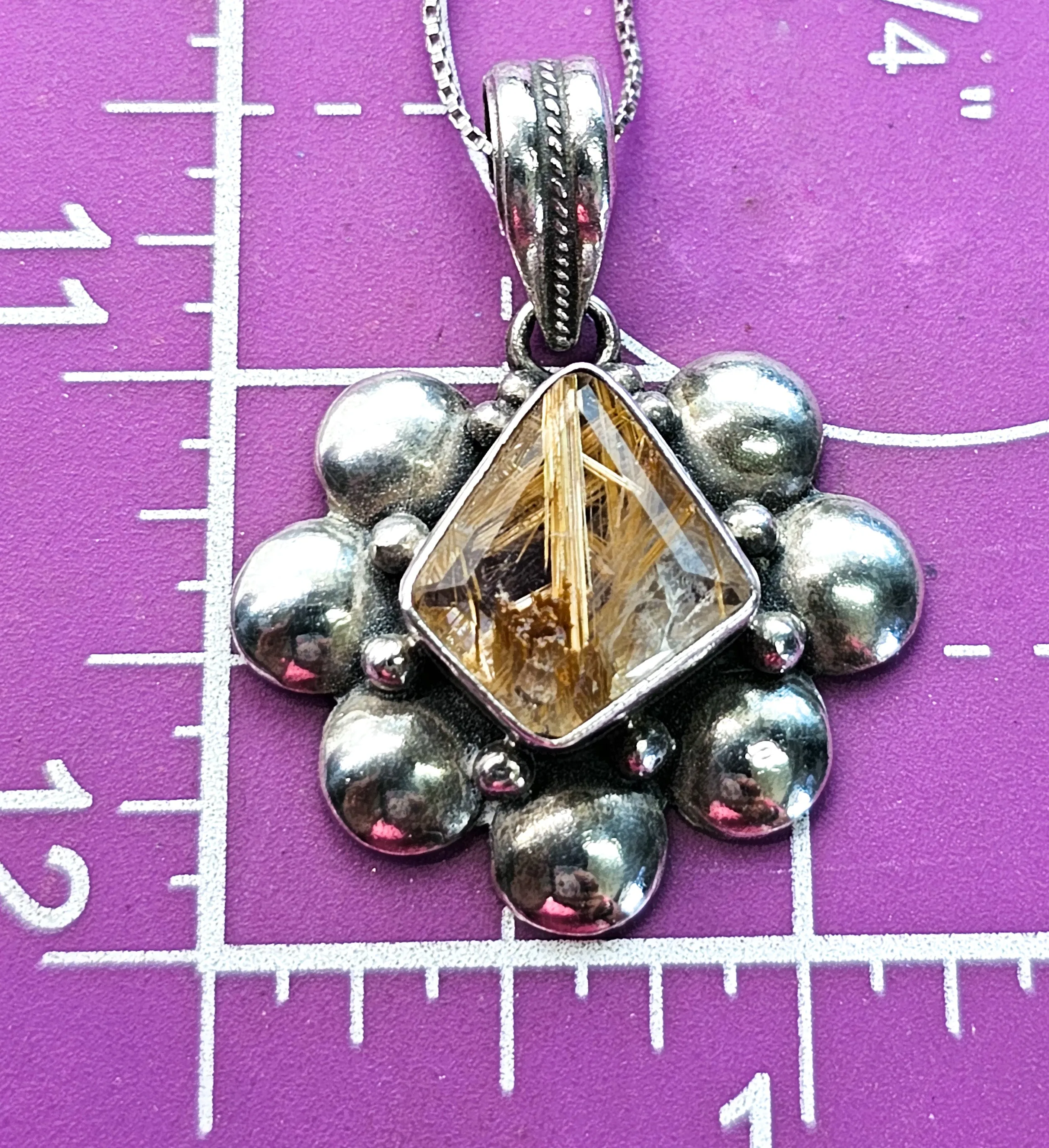 Golden Rutilated quartz vintage sterling silver artisan pendant necklace