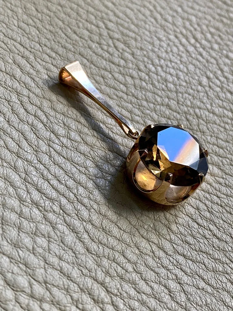 Graceful Smoky Crystal quartz pendant - Solid 14k gold - vintage Finnish