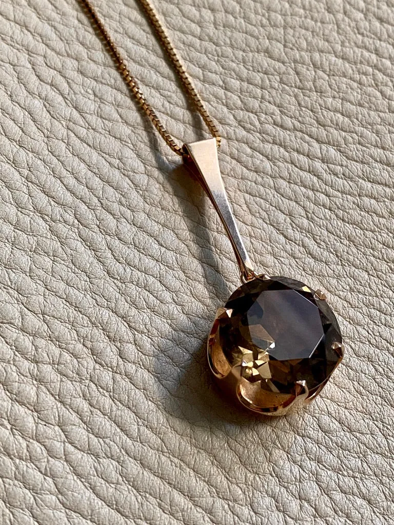 Graceful Smoky Crystal quartz pendant - Solid 14k gold - vintage Finnish