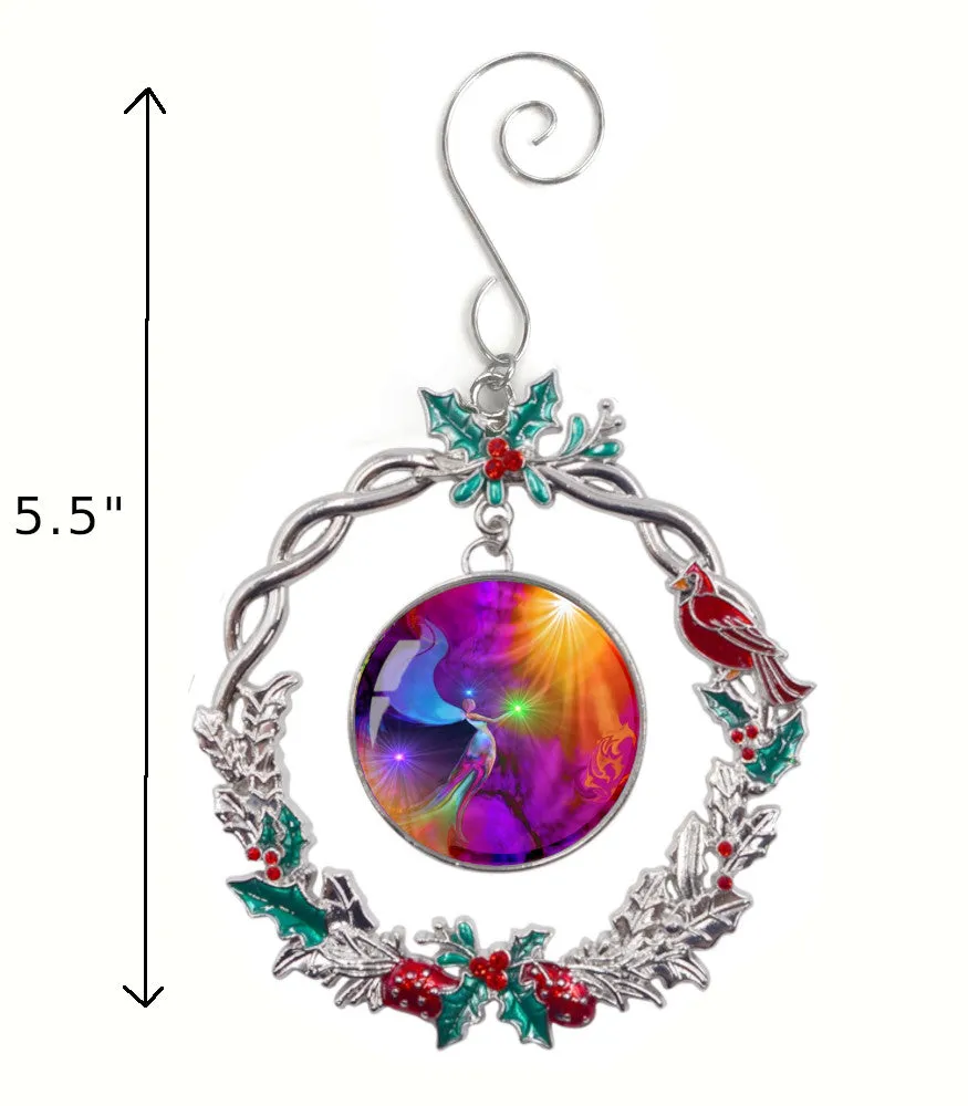 Gratitude Angel Art, Sparkly Christmas Ornament, Decorative Metal Wreath  - "The Gift"