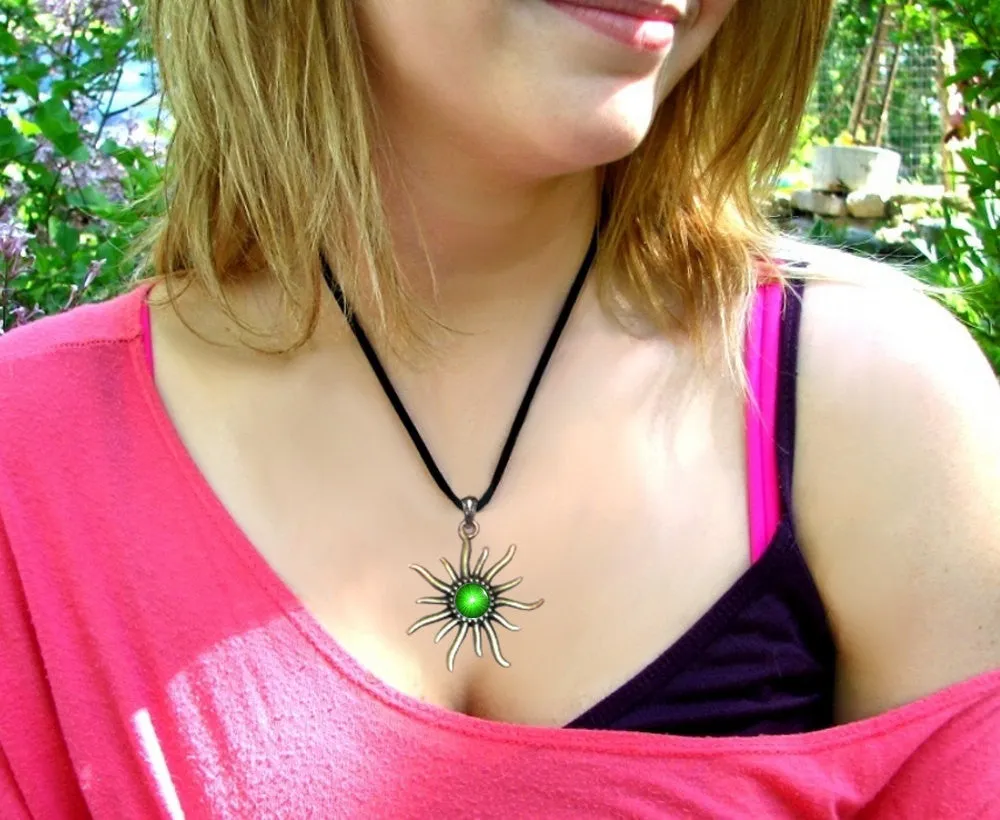 Green Heart Chakra Necklace, Emerald Starburst Art, Reiki Energy Sun Jewelry