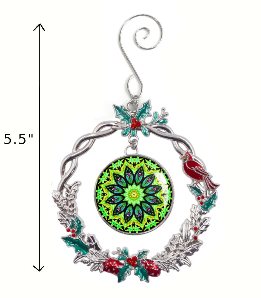 Green Mandala Art Sparkly Christmas Ornament, Decorative Metal Wreath  - "Heart Connections"