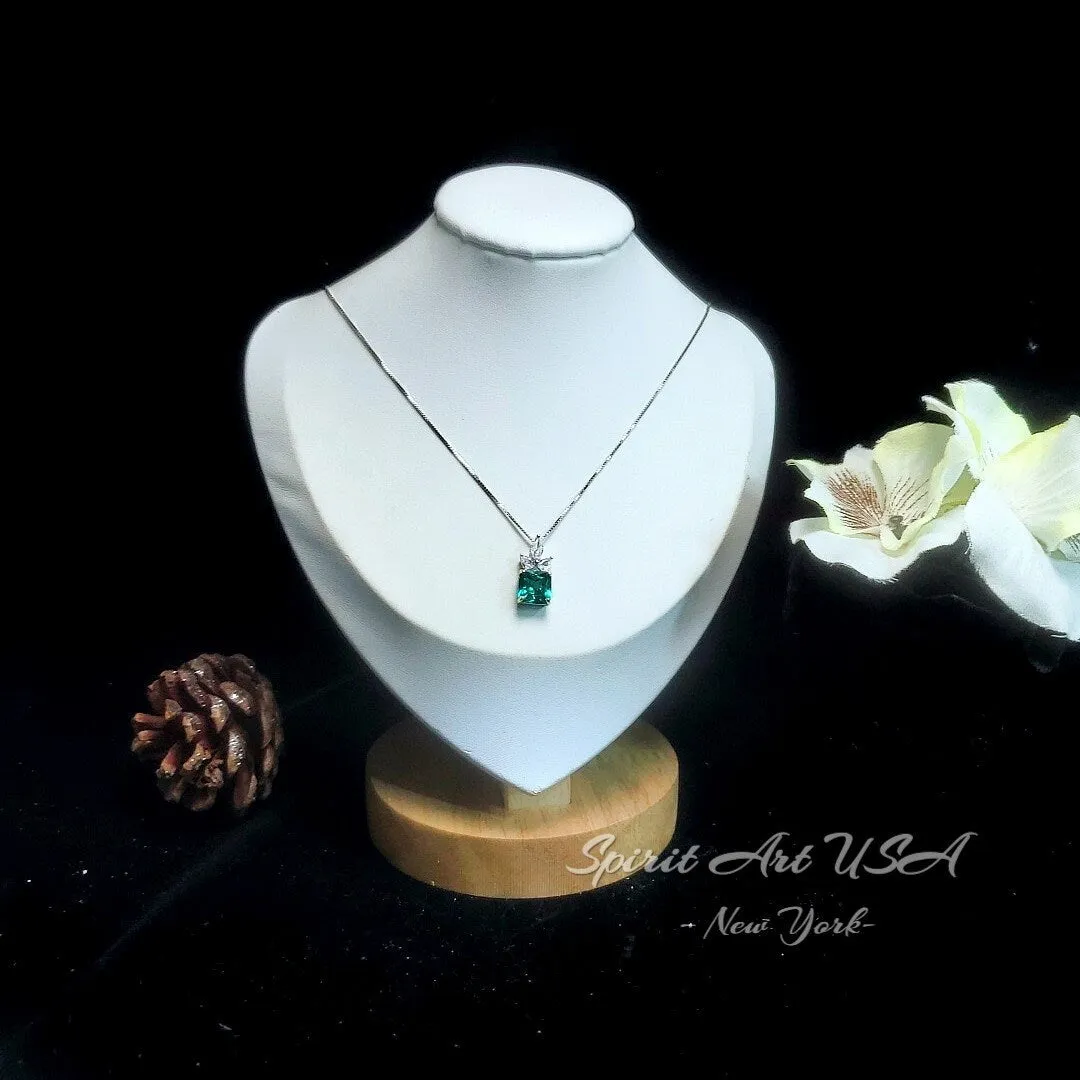 Green Paraiba Tourmaline Necklace - Three Leaf Flower Style - Square Paraiba Pendant - 18kgp @ Sterling Silver #949