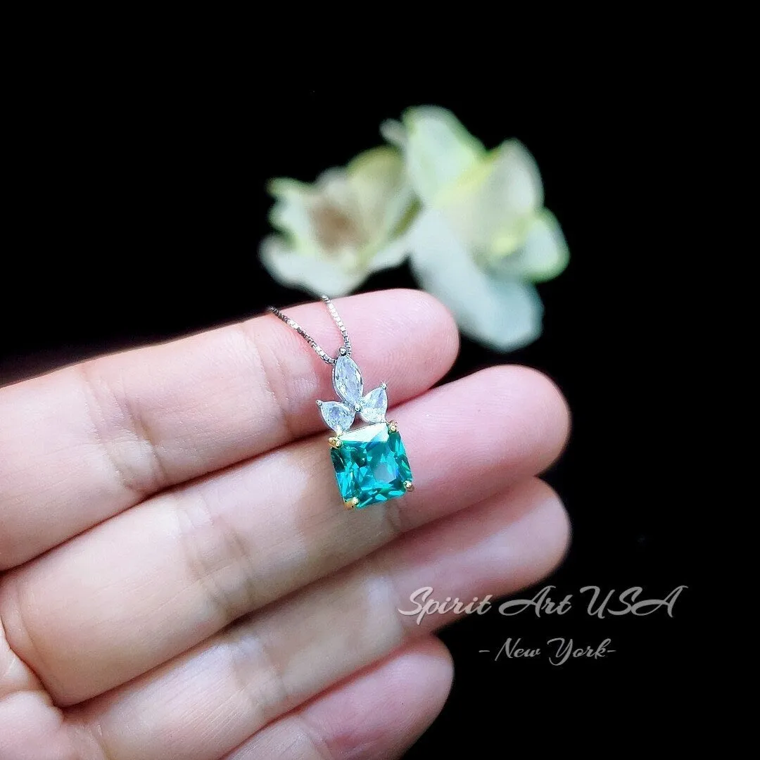 Green Paraiba Tourmaline Necklace - Three Leaf Flower Style - Square Paraiba Pendant - 18kgp @ Sterling Silver #949