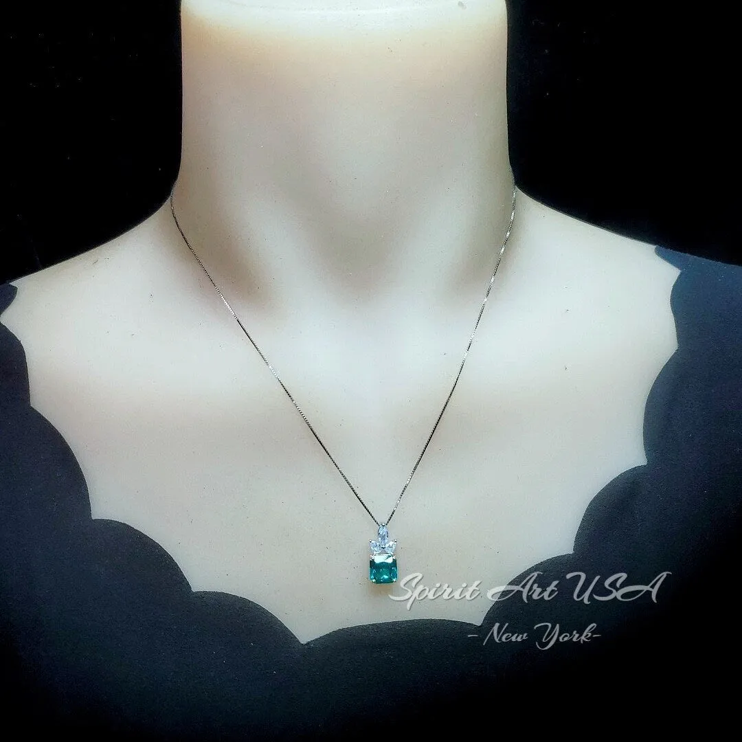 Green Paraiba Tourmaline Necklace - Three Leaf Flower Style - Square Paraiba Pendant - 18kgp @ Sterling Silver #949