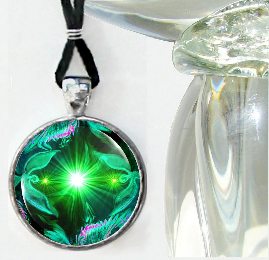 Green Twin Flames Necklace, Colorful Energy Jewelry with Heart Chakra Art - "Angel Hearts"
