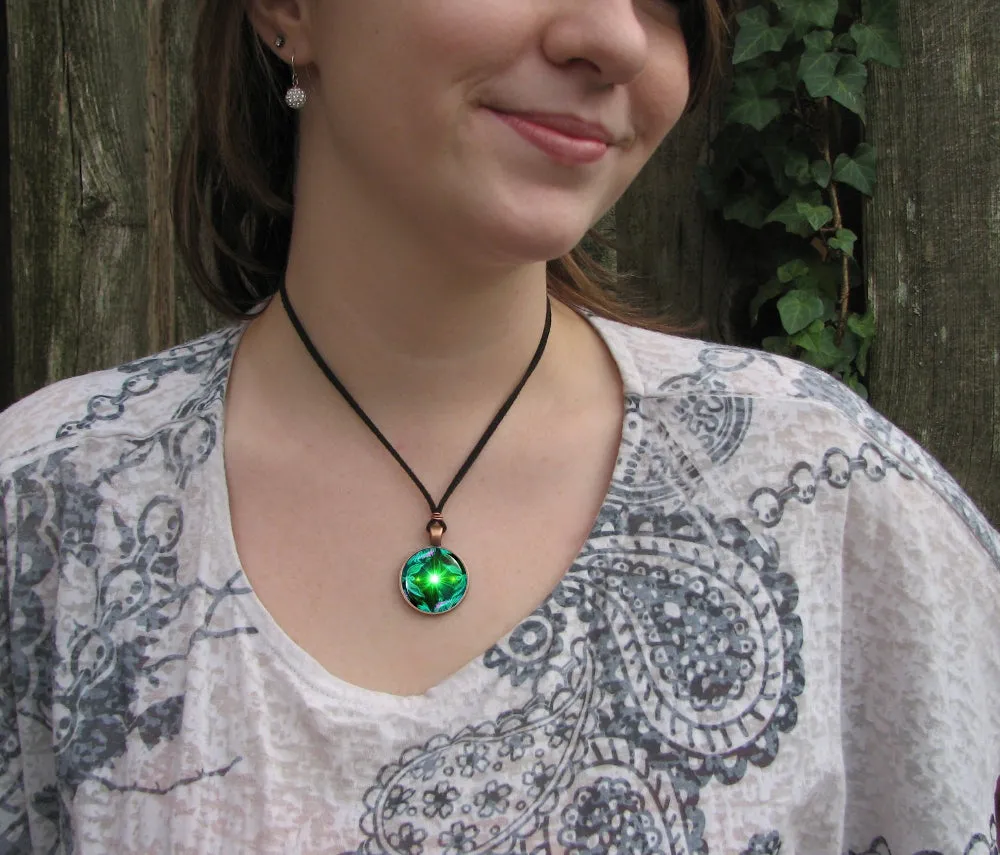 Green Twin Flames Necklace, Colorful Energy Jewelry with Heart Chakra Art - "Angel Hearts"