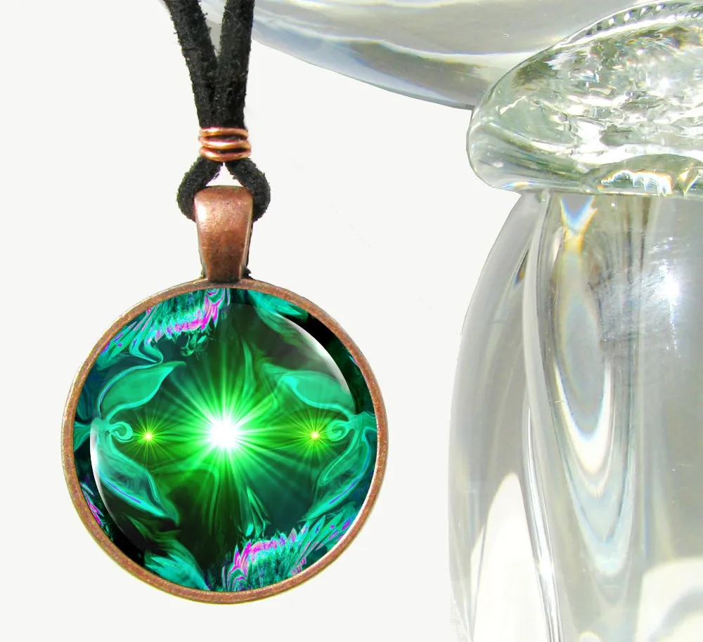Green Twin Flames Necklace, Colorful Energy Jewelry with Heart Chakra Art - "Angel Hearts"