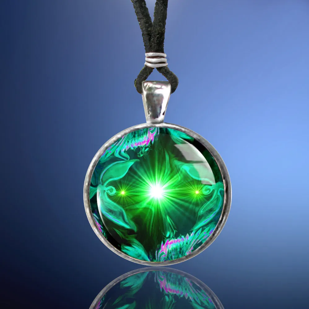 Green Twin Flames Necklace, Colorful Energy Jewelry with Heart Chakra Art - "Angel Hearts"