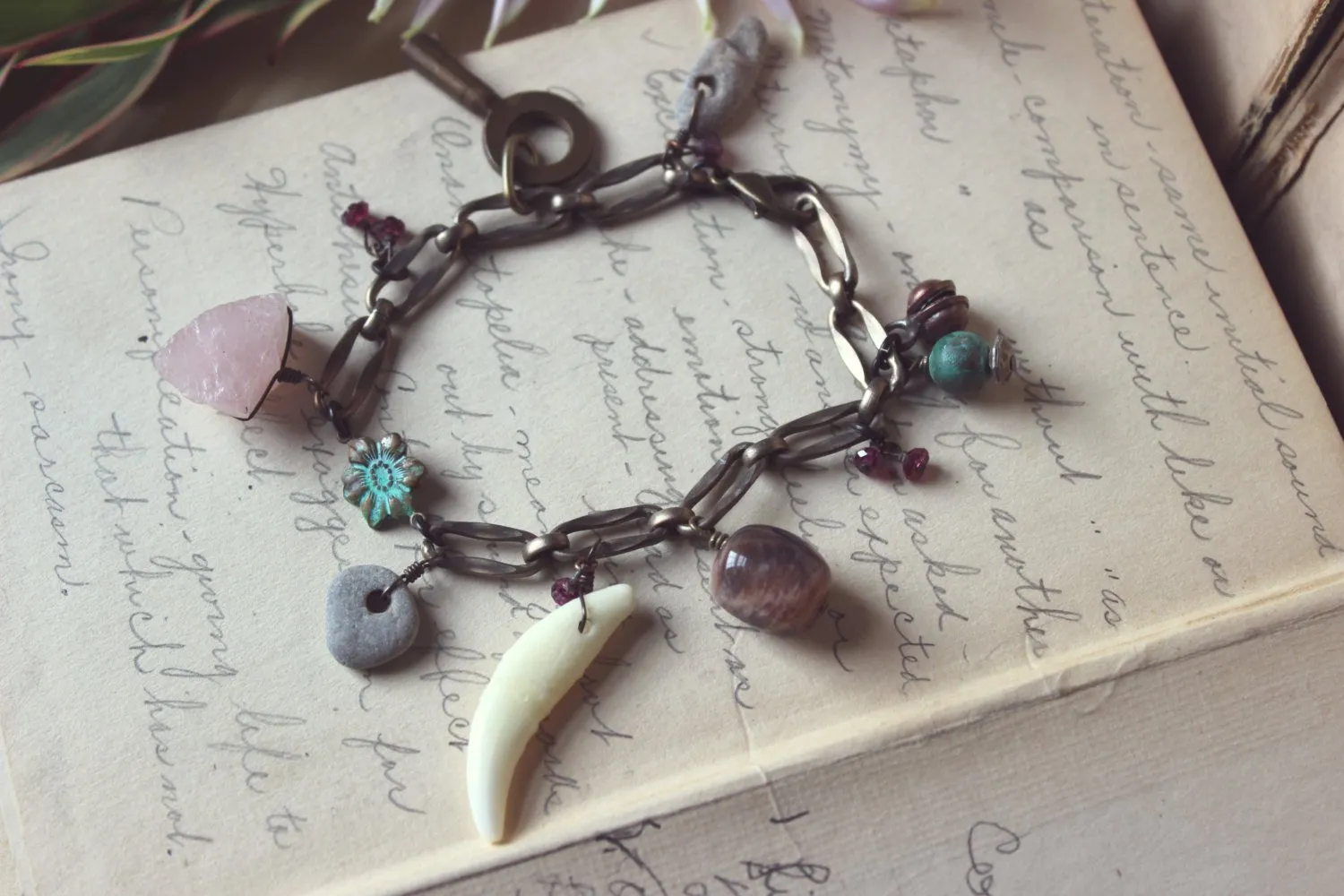 Gris Gris | Flower Moon. Storyteller Series. Rustic Nature Curio, Rose Quartz, Vintage Key Charm Bracelet.