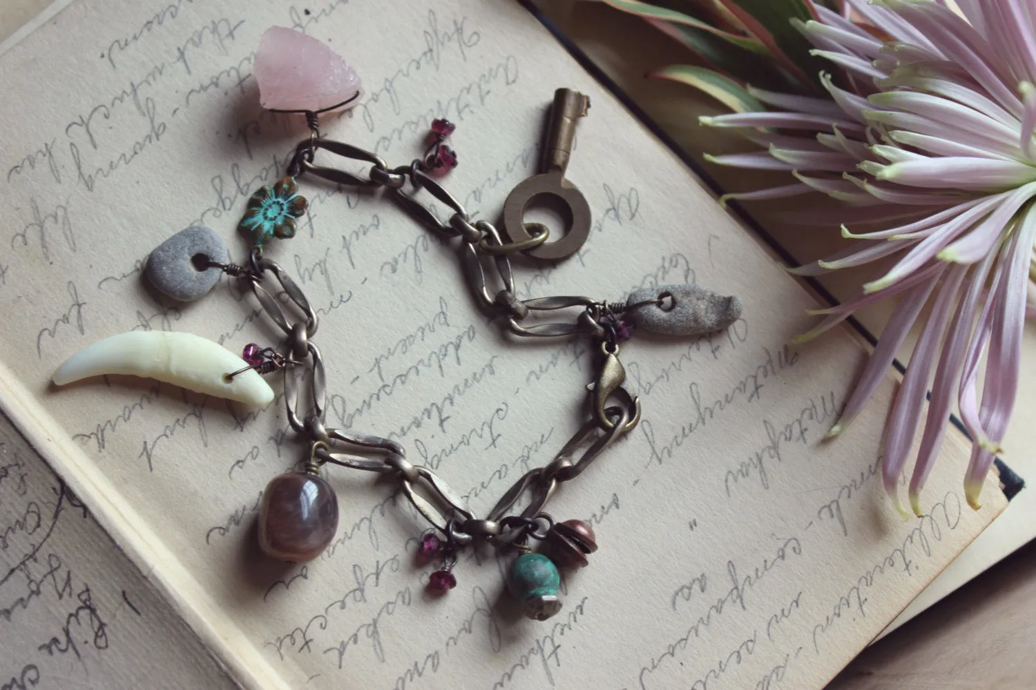 Gris Gris | Flower Moon. Storyteller Series. Rustic Nature Curio, Rose Quartz, Vintage Key Charm Bracelet.