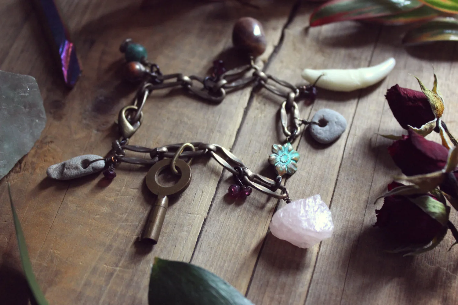 Gris Gris | Flower Moon. Storyteller Series. Rustic Nature Curio, Rose Quartz, Vintage Key Charm Bracelet.